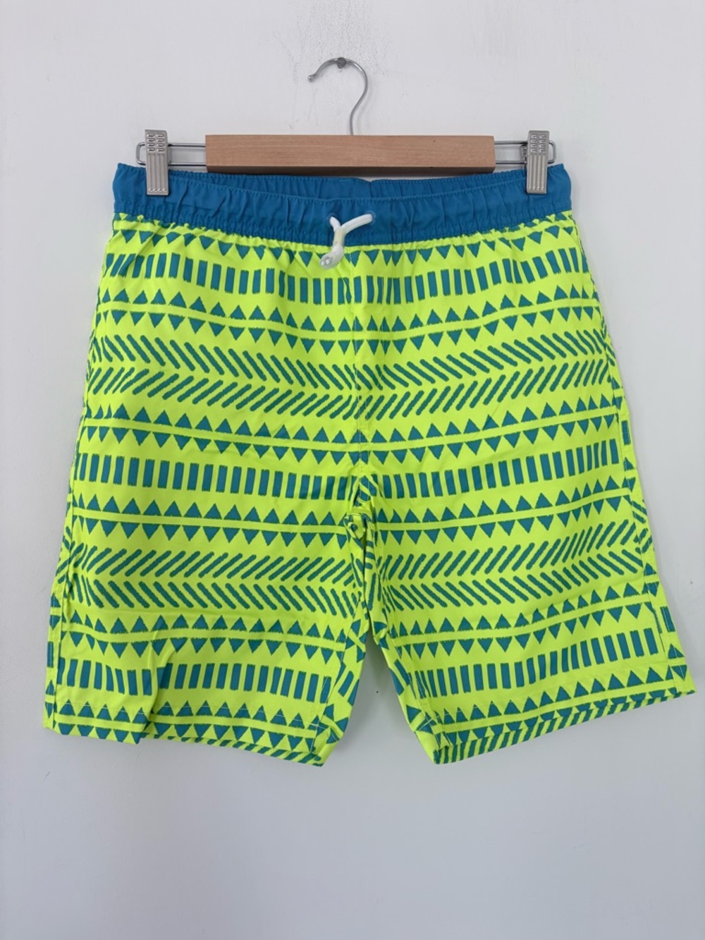 LAND’S END Boy M(10H-12H) Neon Yellow Blue Geo Print Swim Trunks NWOT Mesh Lined
